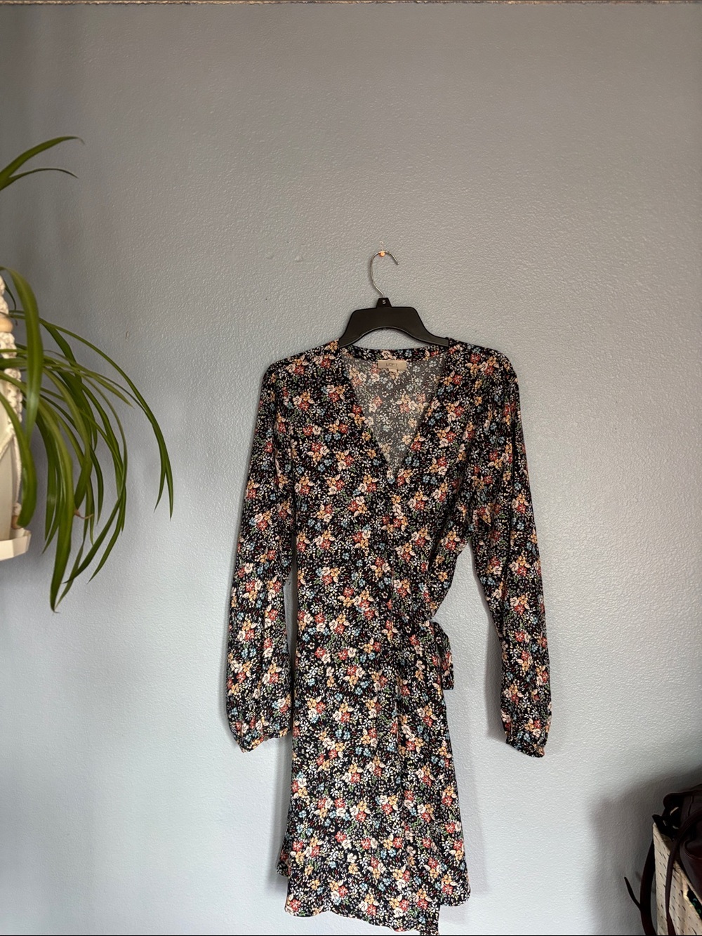 LOFT Wrap Around tie midi dress. Blue with colorful floral print. Size 12